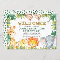 Foliage Wild One Twin Boys Safari Animals Birthday Invitation