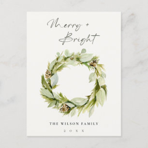 Foliage Winter Wreath Merry & Bright Christmas Holiday Postcard