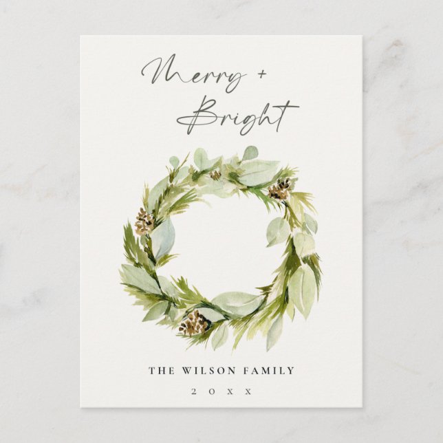Foliage Winter Wreath Merry & Bright Christmas Holiday Postcard (Front)