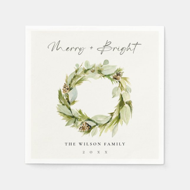 Foliage Winter Wreath Merry & Bright Christmas Napkins (Front)
