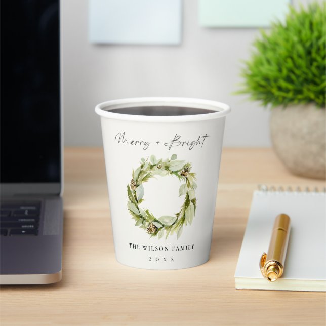 Foliage Winter Wreath Merry & Bright Christmas Paper Cups (Insitu)