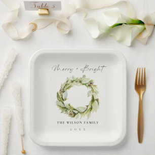 Foliage Winter Wreath Merry & Bright Christmas Paper Plates