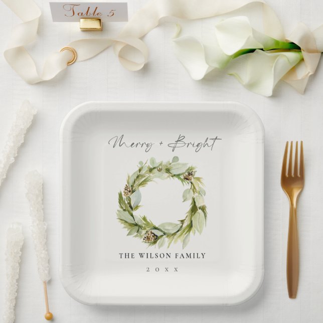 Foliage Winter Wreath Merry & Bright Christmas Paper Plates (Wedding)