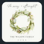 Foliage Winter Wreath Merry & Bright Christmas Square Sticker<br><div class="desc">If you need any further customisation please feel free to message me on yellowfebstudio@gmail.com.</div>