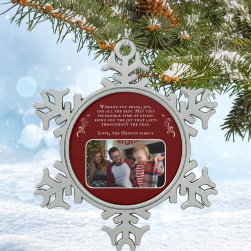 Foliage Wishes Family Photo Red Christmas Snowflake Pewter Christmas Ornament