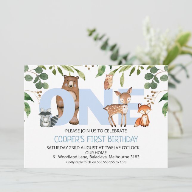 Foliage Woodland Animals 1st Birthday Invitation (Standing Front)