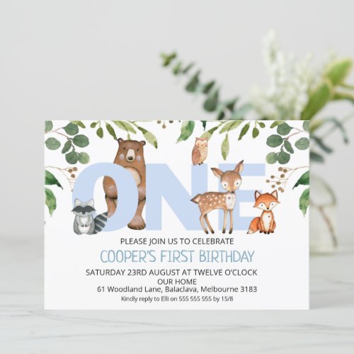 Foliage Woodland Animals 1st Birthday Invitation