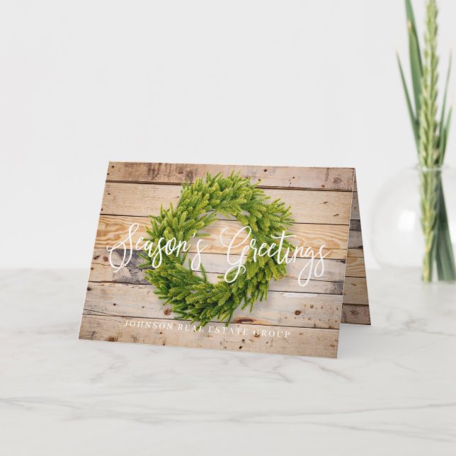 Foliage Wreath Barn Wood Season's Greetings Card (Front)
