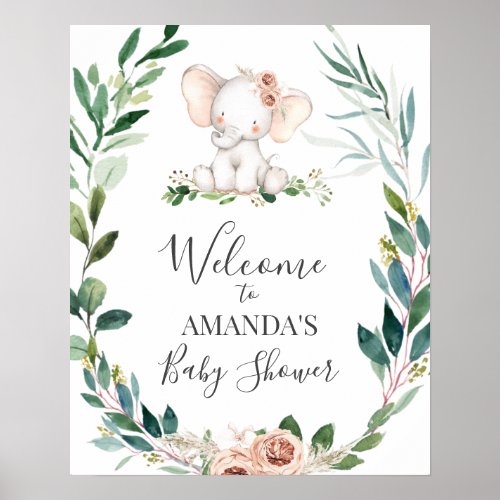 Foliage Wreath Elephant Baby Shower Welcome Poster