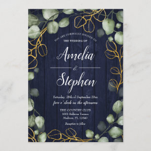 Foliage Wreath Eucalyptus Navy Wedding Invitation