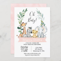 Foliage Wreath Girls Safari Animals Baby Shower Invitation