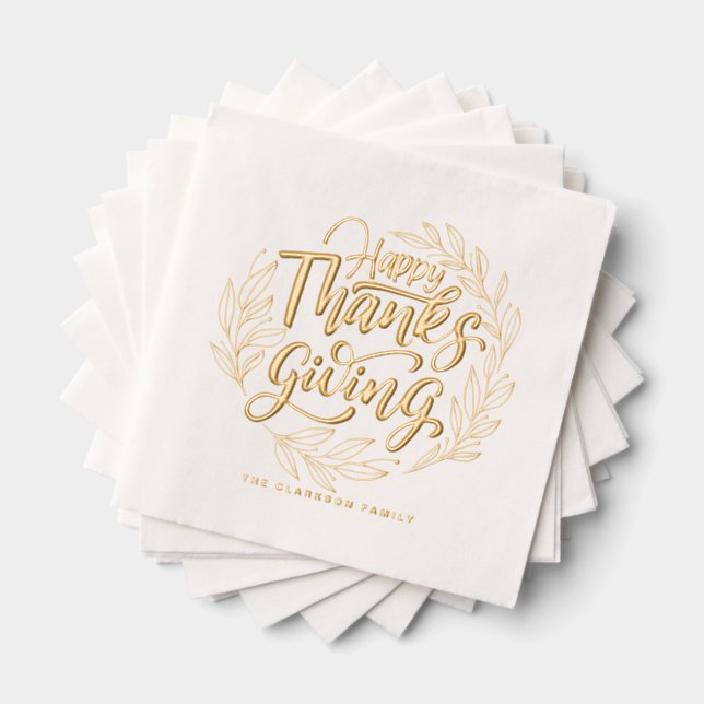 Foliage Wreath Hand Lettered Happy Thanksgiving Foil Napkins (Insitu (Stacked))