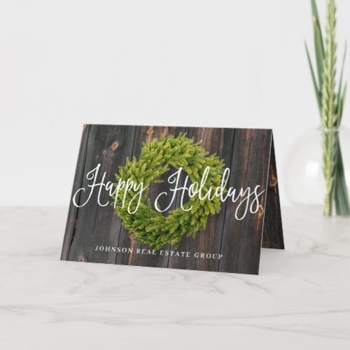 Foliage Wreath on Wood  Happy Holidays Greeting Card