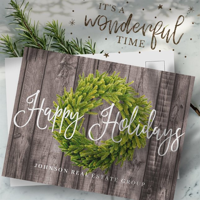 Foliage Wreath on Wood | Happy Holidays Greeting Holiday Postcard (Creator Uploaded)