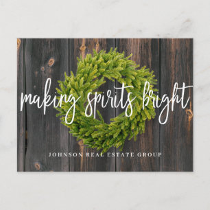 Foliage Wreath on Wood Making Spirits Bright Holiday Postcard