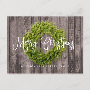 Foliage Wreath on Wood Merry Christmas Greeting Holiday Postcard