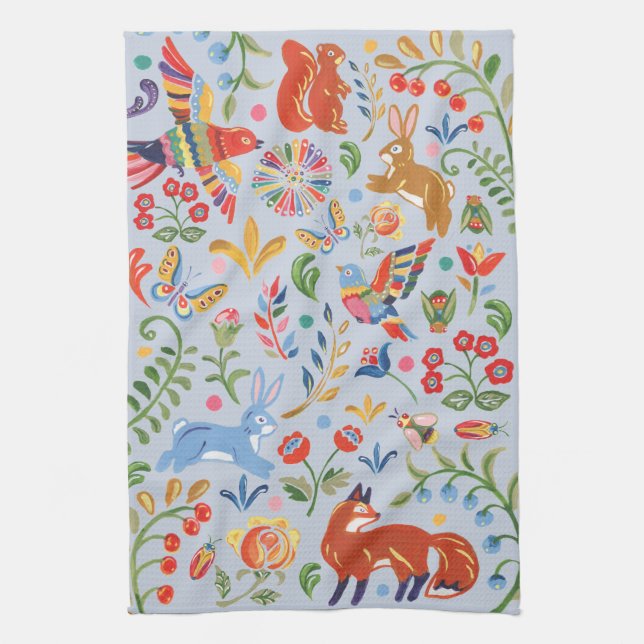 Folk Animal Woodland Floral Blue Cute Fiesta Kitchen Towel (Vertical)