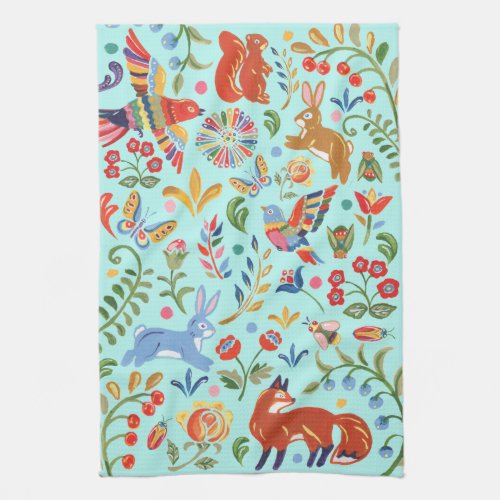 Folk Animal Woodland Floral Turquoise Fiesta Kitchen Towel