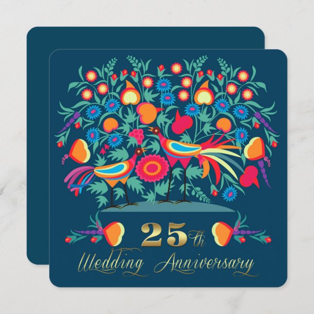 Folk Art 25th Wedding Anniversary Party  Invitation (Front/Back)
