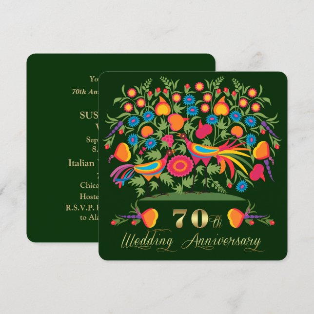 Folk Art 70th Wedding Anniversary Party  Invitation (Front/Back)