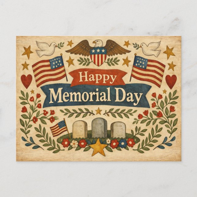 Folk Art Americana Memorial Day Holiday Postcard (Front)