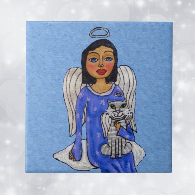 Folk Art Angel Blue eyes White Angel Cat on Cloud Tile (Angel Blue eyes dress holding white angel cat on cloud on sky blue decorative ceramic tile.)