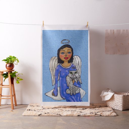 Folk Art Angel Blue eyes White Cat on Cloud Fabric