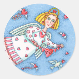 FOLK ART ANGEL, CAT AND FLYING HEARTS CLASSIC ROUND STICKER
