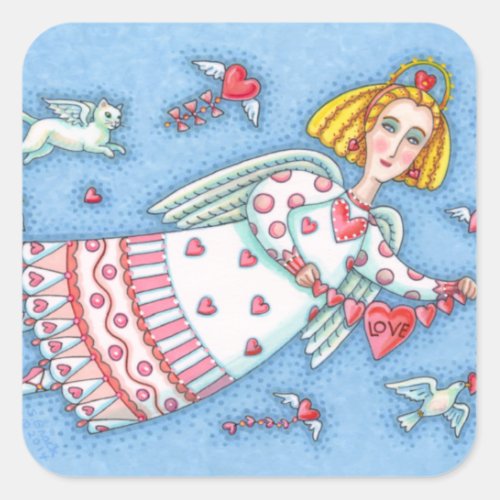 FOLK ART ANGEL CAT AND FLYING HEARTS SQUARE STICKER