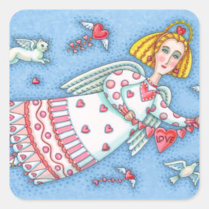 FOLK ART ANGEL, CAT AND FLYING HEARTS SQUARE STICKER