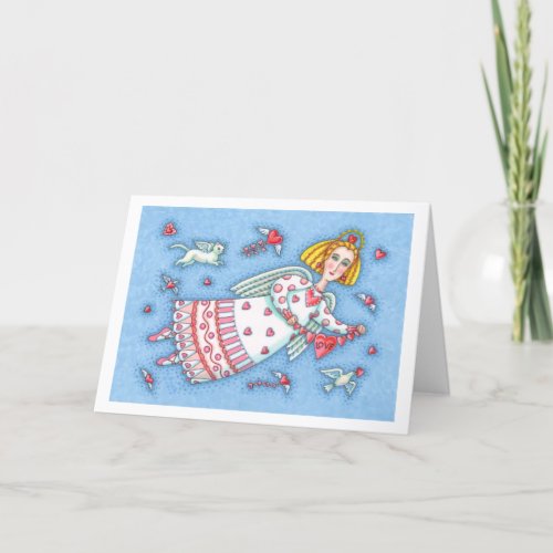 FOLK ART ANGEL CAT AND FLYING HEARTS THANK YOU CARD