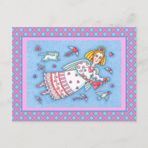 FOLK ART ANGEL CAT AND FLYING HEARTS VALENTINE HOLIDAY POSTCARD