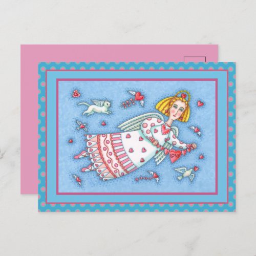 FOLK ART ANGEL CAT AND FLYING HEARTS VALENTINE HOLIDAY POSTCARD