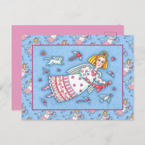 FOLK ART ANGEL CAT AND FLYING HEARTS VALENTINE HOLIDAY POSTCARD