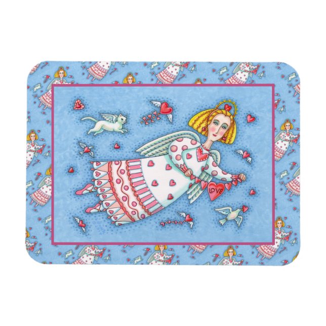 FOLK ART ANGEL, CAT AND FLYING HEARTS VALENTINE MAGNET (Horizontal)