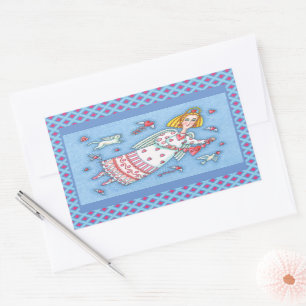 FOLK ART ANGEL, CAT AND FLYING HEARTS VALENTINE RECTANGULAR STICKER
