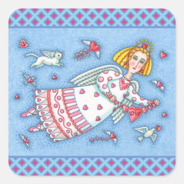 FOLK ART ANGEL, CAT AND FLYING HEARTS VALENTINE SQUARE STICKER (Front)