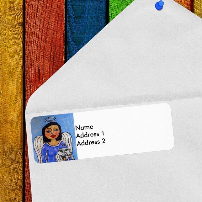 Folk Art Angel Cat Angel Label (Angel holding white cat angel on sky blue and white return address label.)