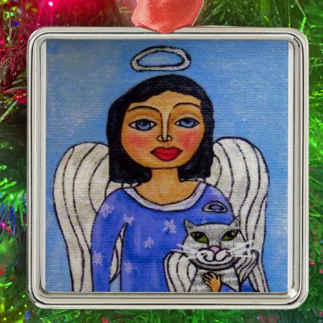 Folk Art Angel Cat Angel Metal Ornament (Angel silver halo holding white angel cat on light blue Christmas hanging ornament.)