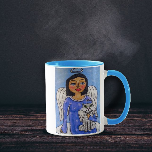 Folk Art Angel Cat Angel on Cloud Mug (Blue Eyed Angel white wings holding white angel cat sitting on cloud in blue sky coffee or tea mug.)