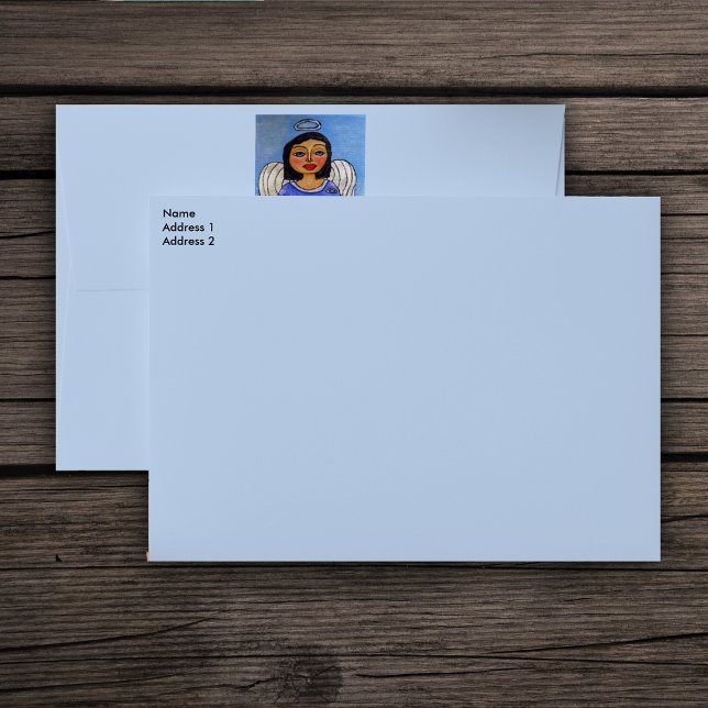 Folk Art Angel Cat on Cloud Envelope (Angel sitting on cloud holding white angel cat on light blue mailing envelopes.)