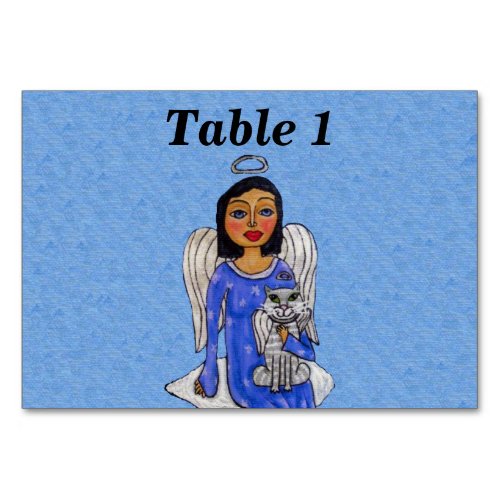 Folk Art Angel Holding White Angel Cat on Cloud Table Number