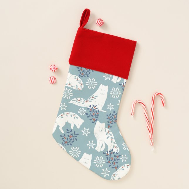 Folk Art Arctic Fox in the Snow with Holly Christmas Stocking (Front)