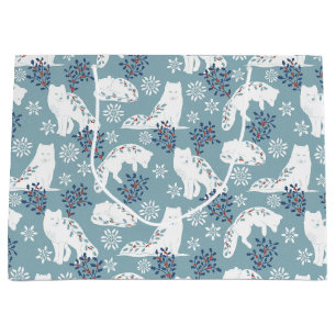 Folk Art Arctic Fox in the Snow with Holly Large Gift Bag
