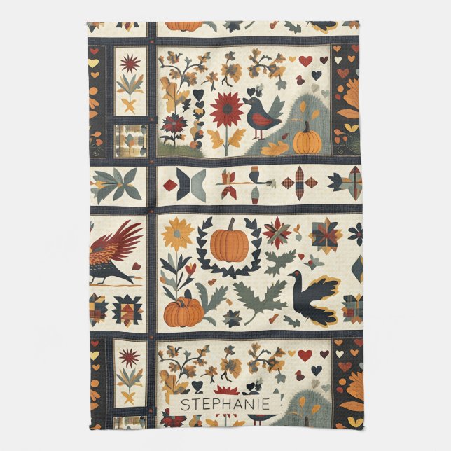 Folk Art Autumn Quilt Pattern | Rustic Harvest Kitchen Towel (Vertical)