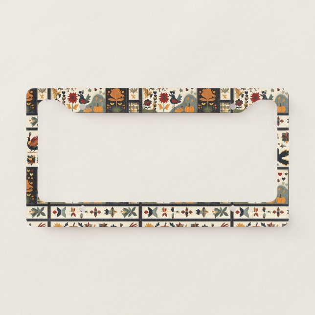 Folk Art Autumn Quilt Pattern | Rustic Harvest License Plate Frame (Front)
