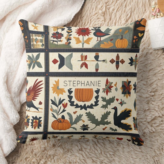 Folk Art Autumn Quilt Pattern | Rustic Harvest Throw Pillow (Blanket)