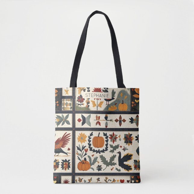 Folk Art Autumn Quilt Pattern | Rustic Harvest Tote Bag (Front)