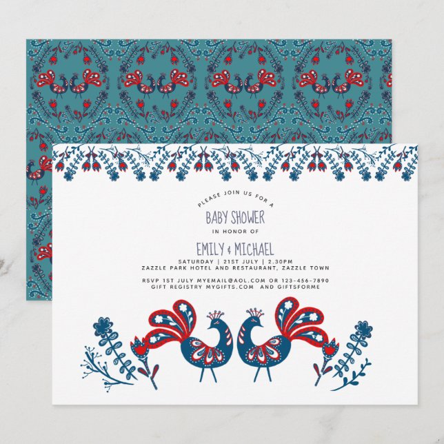 Folk Art Baby Shower Invites Scandinavian Birds (Front/Back)