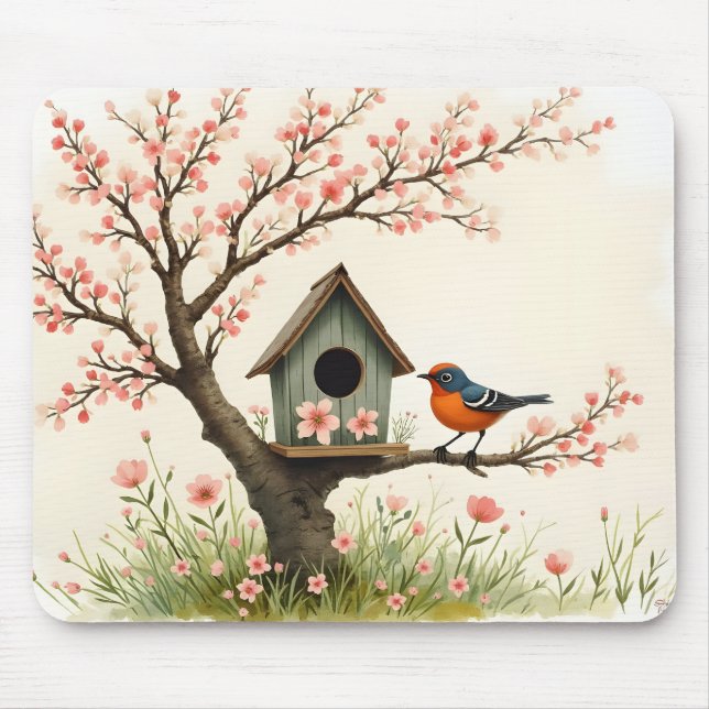 Folk Art Bird and Birdhouse Mouse Pad (Front)